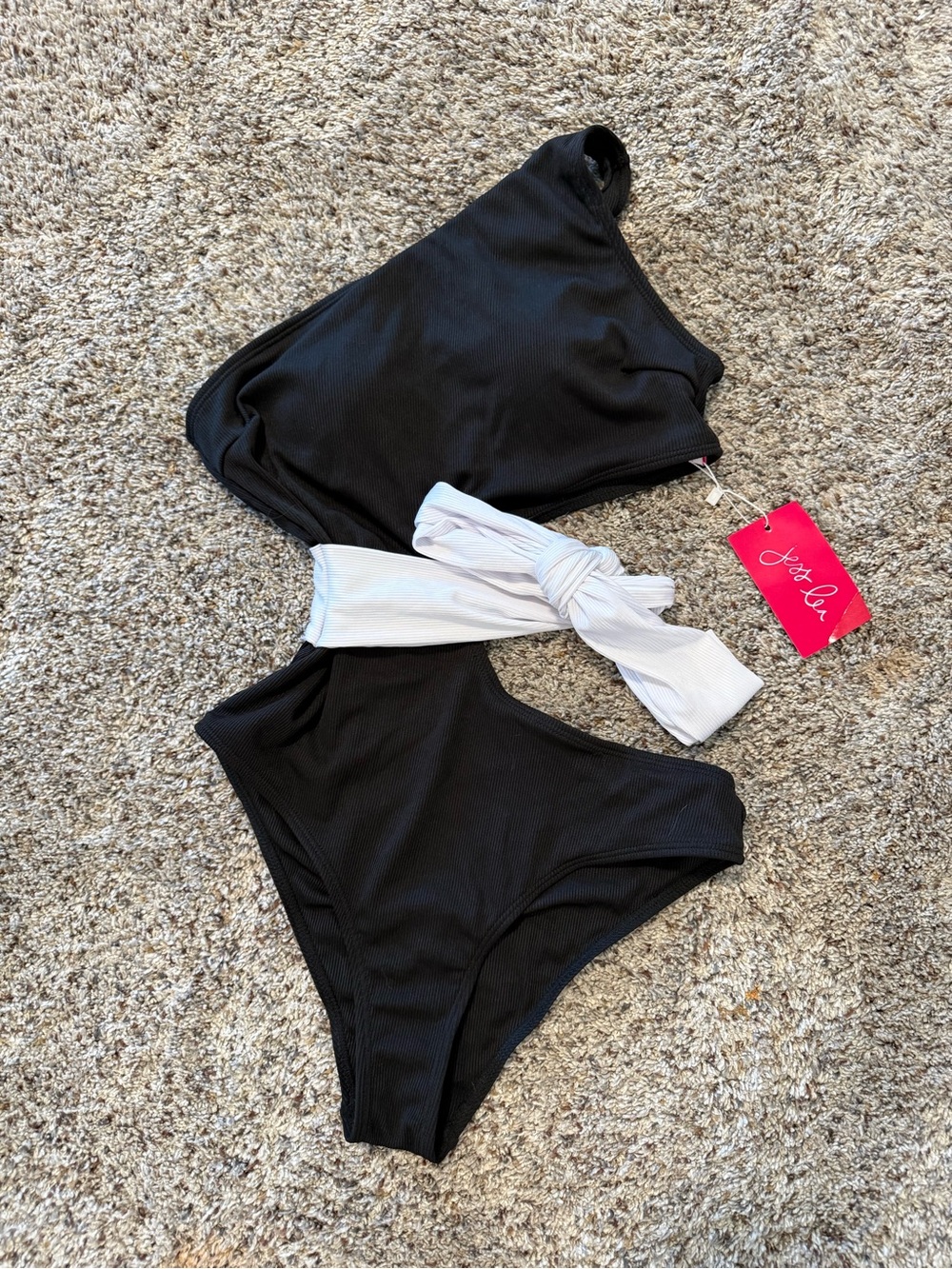Black Ribbed One-Shoulder Swim Top with Pink Script Tag